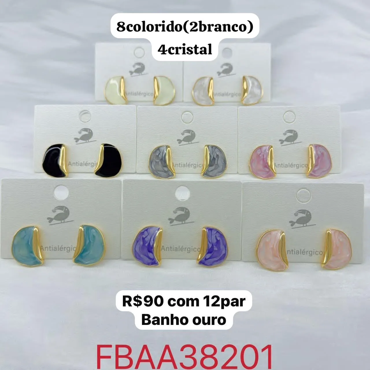 brincos meia-lua coloridos com banho ouro
