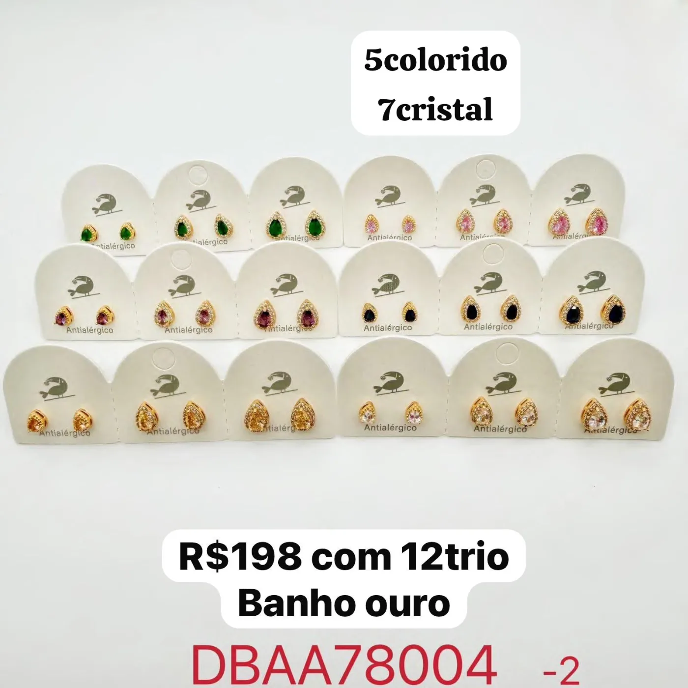 brincos trio com pedras coloridas e cristal