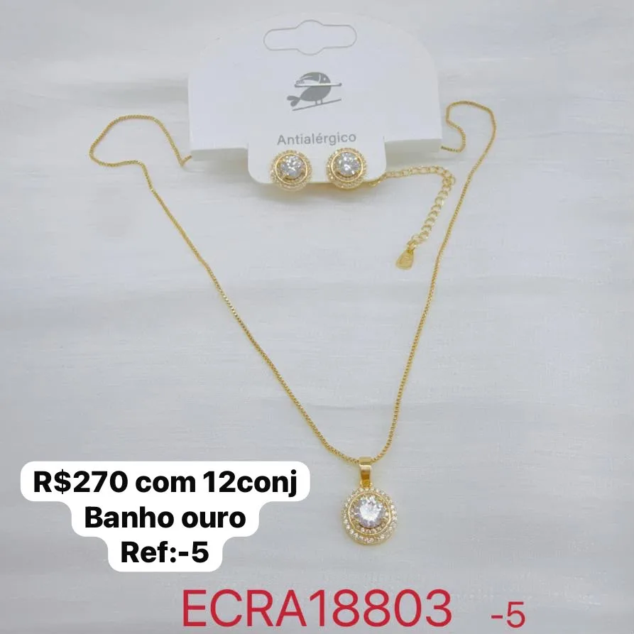 Colar com conjunto colar e brinco com pedra redonda e banho dourado