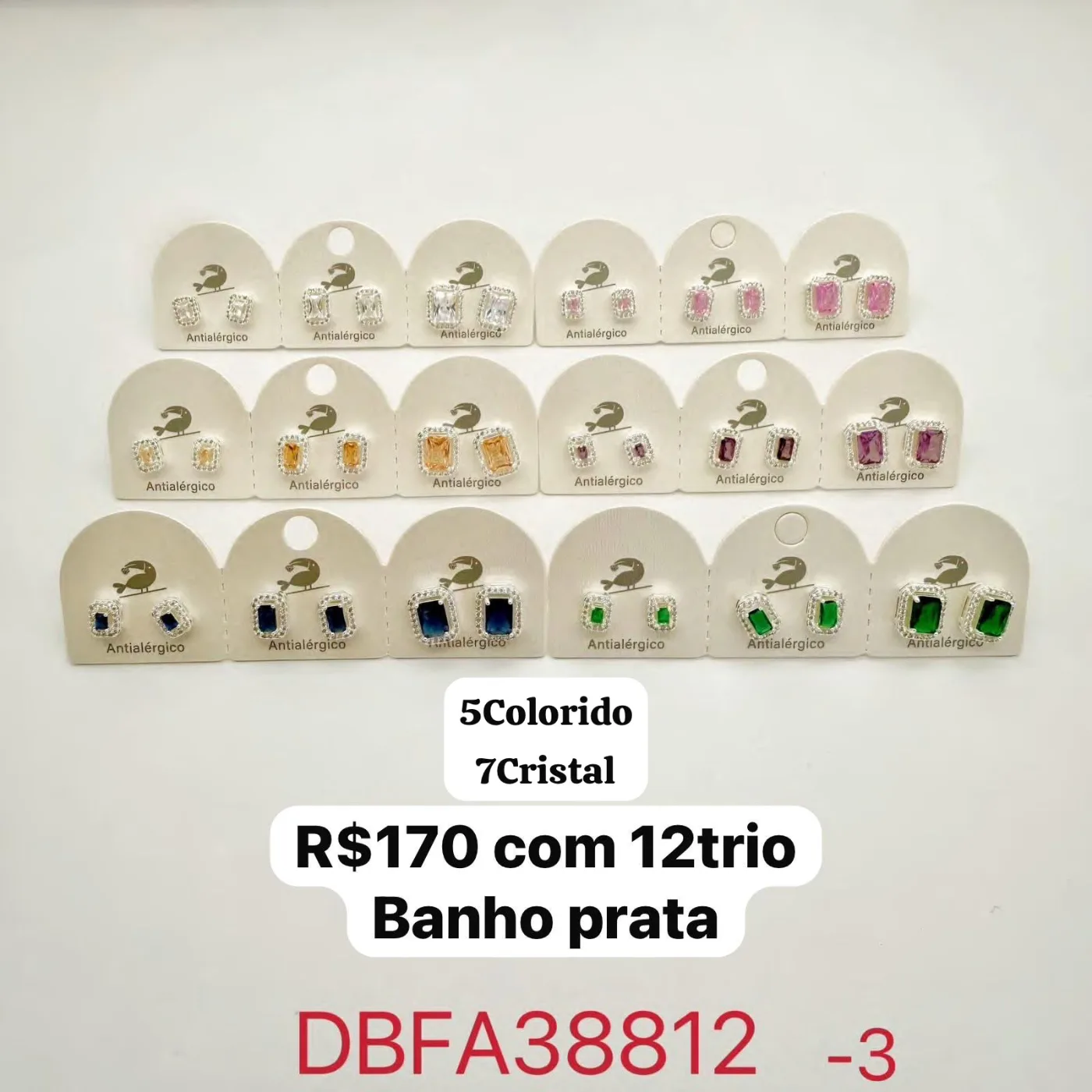 brincos quadrados com pedras coloridas e cristal